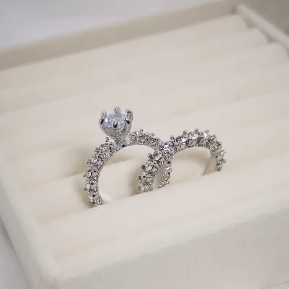 Silver Cushion Cut Halo Engagement Two Ring Set Pave Band Bridal Wedding Size 6